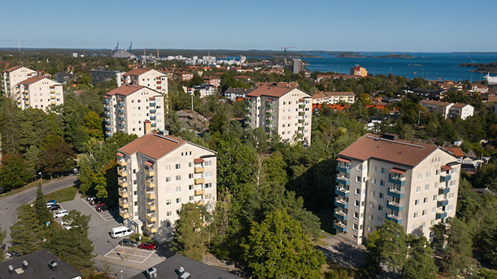 Vy över höghusen på Heimdalsvägen.